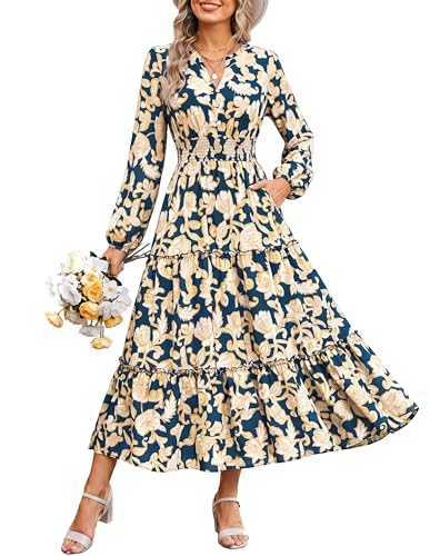 Image of GRACE KARIN Women's Floral Maxi Dress 2026 Fall Long Sleeve V Neck Empire Waist A Line Flowy Dress with Pocket