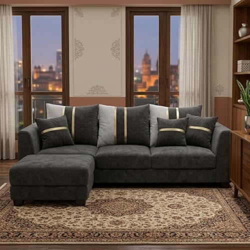 Image of Vero 4 Seater L Shape Sofa Set with Movable Ottoman | Flexible Left or Right Layout | Luxury Velvet Suede Fabric | Modern Living Room Sofa | Dark Grey