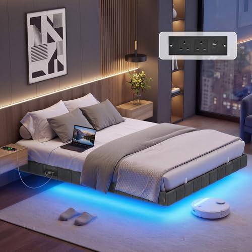 VASAGLE Double Floating Bed Frame 135 x 190 cm Platform Bed with LED Lights and Charging Station Padded Sides 2 AC Outlets 1 USB-A Port 1 USB-C Port Supports up to 500 kg Slate Grey RMB166G101