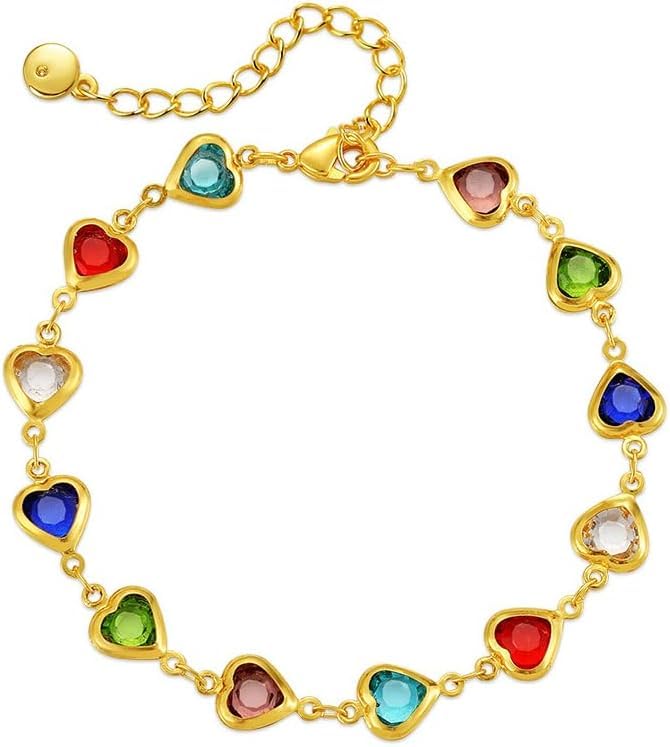 HSAJS Bracelet Cœurs Multicolores Chaîne Ajustable Bijou Femme Cristaux Brillants Plaqué Or