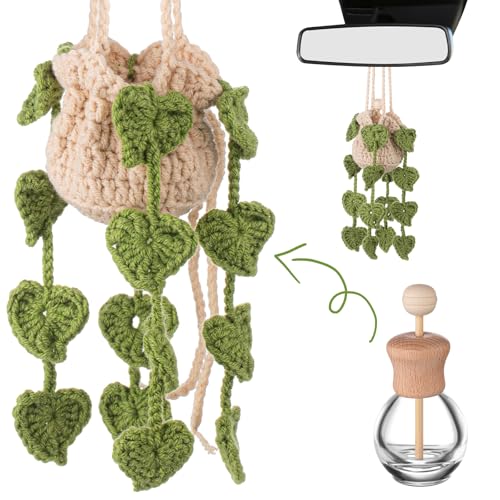 Image of DaisyInner Cute Crochet Plant Car Freshener 12ml Empty Refillable Diffuser Bottle with Plants Hanging Accessories for Ornaments Charms Rearview Mirror Home Office Decor Women Gifts(Leave)