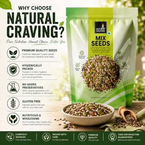Image of Natural Craving 7 in 1 Super Seeds Mix 1kg | Sunflower, Pumpkin, Chia, Flax, Basil, Halim & Watermelon Seeds(Small Size) | Protein Rich Seeds for Eating | Omega-3, Fibre, Magnesium & Iron Rich Healthy Snack
