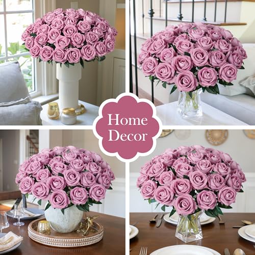 Image of 50 PCS Roses Artificial Flowers, Realistic Fake Roses with Long Stems Silk Flowers for DIY Wedding Bouquet Party Celebration Home Bridal Baby Shower Decoration Birthday Gift for Her Wife, Dusty Rose