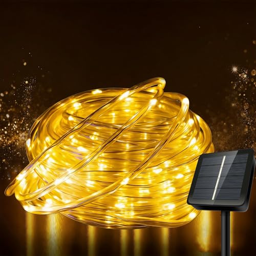 Kimuwote - Guirnalda de luces LED solar para exterior, 10 m, 100 LED, impermeable IP45, 8 modos, luz blanca cálida ajustable, tubo LED para jardín, fiesta, decoración navideña