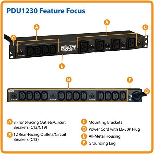 Tripp Lite Basic PDU, 30A, 20 Outlets (16 C13 & 4 C19), 200/208/240V, L6-30P Input, 15' Cord, 1U Rack-Mount Power, 5 Year Warranty (PDU1230)