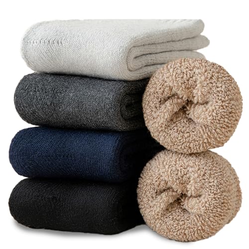 Josnown Dicke Socken Herren, 5 Paar Thermo Wintersocken Outdoor Trekking Warme WollSocken Herren mit Dicke Frotteesohle, StrickSocken Geschenke für Winter, Größe 39-45