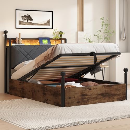 Cama de metal, cama individual multifuncional de hierro 90 x 190, con espacio de almacenamiento hidráulico elevable y dosel de hierro forjado, con postes de cama extraíbles con iluminación LED y USB