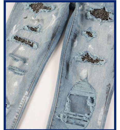 Jeans Pants Trousers Denim Men Street Trendy Piercing with Zircon Sequin Blue Hairy Personalized Spray Paint Stretch Slim Fit Small Foot Casual(Blue,29)4