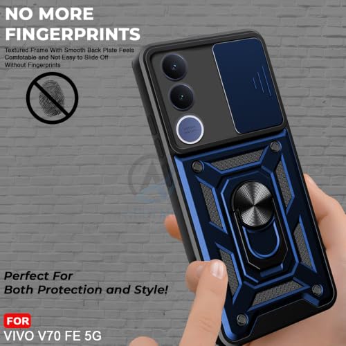 Image of AESTMO Tough Armor VIvo V70 FE 5G Bumper Back Case Cover | Ring Holder & Sliding Camera Shield Cover | 360 Degree Protection Back Case Cover for VIvo V70 FE 5G (Blue)