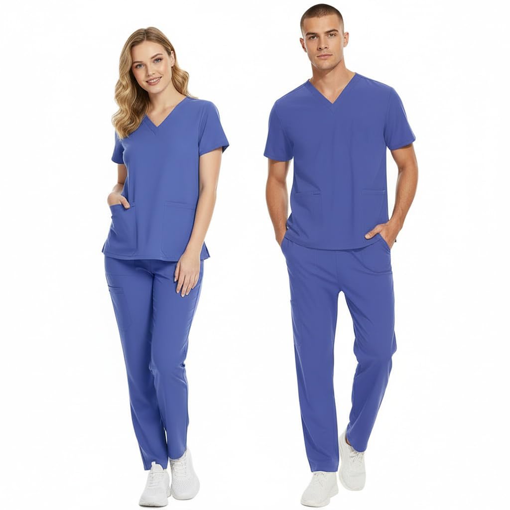 Conjunto de Pijama Quirúrgico de Manga Corta Unisex Top con Cuello en V y 2 Bolsillos Pantalón Recto con Cintura Ajustable Uniforme Médico DK86