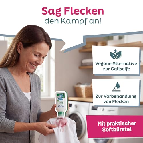 HEITMANN pure Vegane Fleckenbürste 250 ml | Effektiver Fleckenentferner für Kleidung mit Bürste | Gallseife flüssig Alternative | Fleckenbürste ideal für Kragen, Manschetten & Weißwäsche