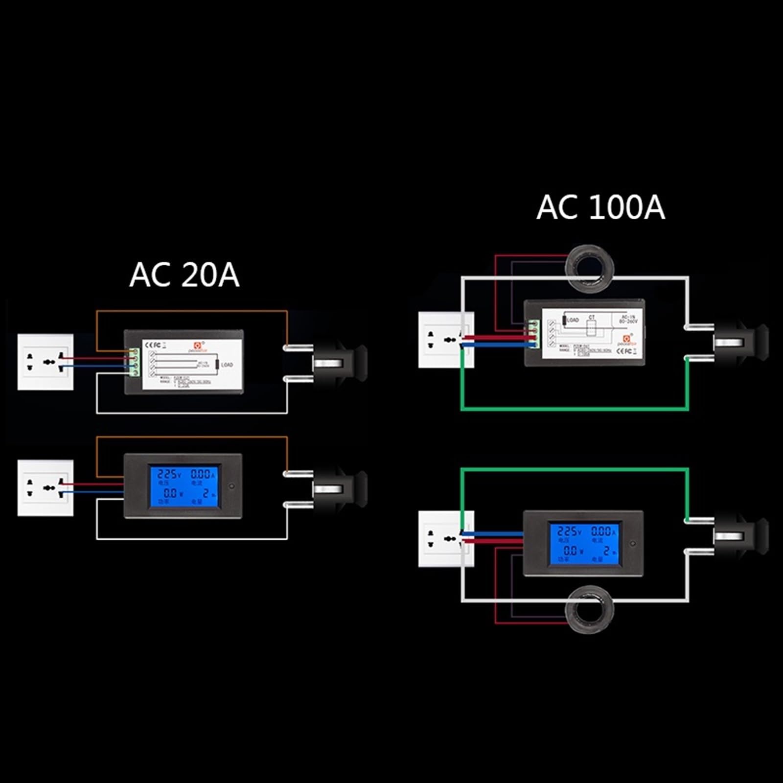 Medidor de Potencia 100A 20A AC 80~260V voltímetro preciso amperímetro KWh Watt medidor de energía Voltaje Corriente Monitor probador eléctrico(20A Meter)