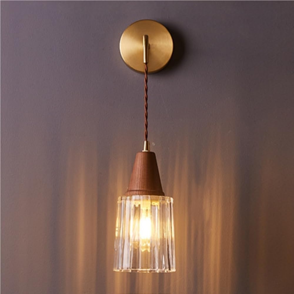 KBUUKYYXouy Retro Walnut Wood Wall Light Glass Shade Brass Wall Sconce with Hanging Wire for Bedroom Kitchen Island Dining Room Hallway Wall Lamp E12/E14 Base