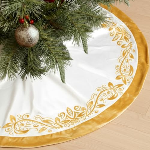 Arrowbash 48 Inch Vintage Velvet Christmas Tree Skirt Ivory Traditional Luxury Plush Fur Tree Skirt with Gold Victorian Venetian Embroidered Holly Leaf for Rustic Home Xmas Holiday Decoration