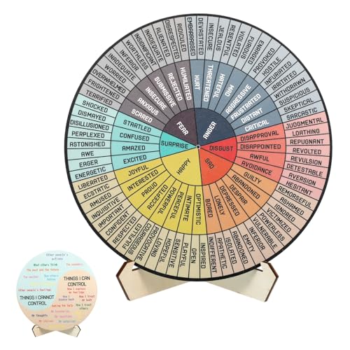Feelings Wheel Wooden Emotion Wheel with Stand 9.8" Inches Double Sided Mental Health Emotions Chart Clear Emotion Chart Coping Wheels Charts Gift Counseling Office Must Have for Home Office Women Man