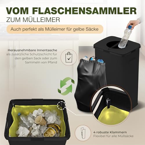 COTTARA® Pfandflaschen Sammelbehälter Metallrahmen mit Tragetasche, Reißverschluss und Drehdeckel am Pfandflaschen Behälter | Pfandbehälter Flaschensammler Leergut Sammelbehälter (Schwarz)