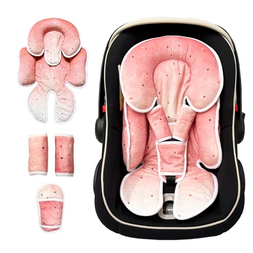 Image of Infant Car Seat Insert, Soft Baby Car Seat Head Body for Girl Boy, Reversible Baby Carriage Pad with Strap Covers Fit Car Seat, Stroller, Bouncer, Pink Star