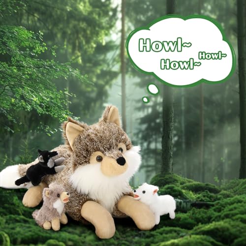 MorisMos liegend Wolf Kuscheltier XXL, 50cm riesen groß Plüschtier Wolf mit 3 Baby, PlüschWolf Stofftier Weich Spielzeug, Geburtstag Geschenk für Kinder