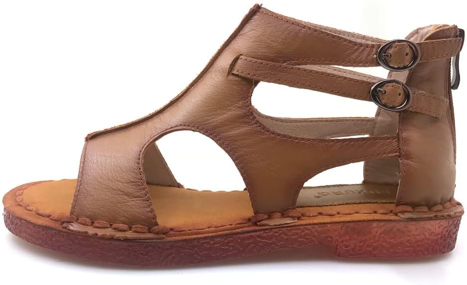 ZQ-Collection Womens Leather Sandals - Low Wedge Soft and Comfort Outdoor Sandals, Gladiator Flat Sandal for Women, Tan, 8
