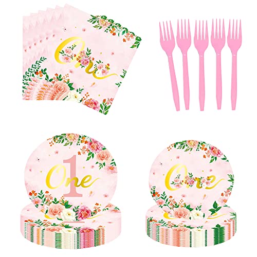 ZOOMPIL Juego de Vajilla Rosa Party Supplies, 1er cumpleaños de Vajilla, Platos para Cumpleaños 1 año, Servilleta, Tenedor rosa, Cumpleaños Fiesta Tematica, Primer Niña Cumpleaños 24 Invitados Cover