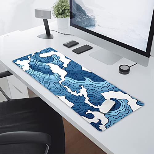 Image of Japanese Blue and White Wave Gaming Mouse Pad XL Anime Sea Texture Extended Large Desk Mat Big Mousepad Non-Slip Rubber Base Stitched Edge Long Desk Pad for Desktop PC Computer Gamer,31.5x11.8 Inch