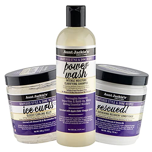 Aunt Jackie's Grapeseed Collection Perfect Intense Define, Power Wash, Rescued and Ice Curls, Combo Hydrates & Softens With Almond oil, Marshmallow Root, Purple, Pack of 3