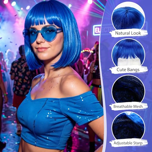 Image of Chunyin 2 Pieces Party Wigs and Sunglasses Set, Neon Short Bob Wig Costume Cosplay Colorful Wig Hairpieces for Bachelorette Neon Party Favors, Halloween, Decorations (Blue)
