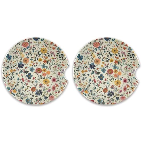 SKYSHU Juego de 2 posavasos redondos de flores coloridas para bebidas, soporte de taza de cerámica absorbente con base de corcho y agarre para la punta de los dedos para una fácil limpieza en