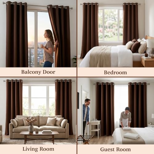 Image of 100% Blackout Window Curtains, 5 Feet, Solid Design, Faux Silk, Thermal Insulated, Noise Reducing Eyelet Door Curtain with Tie Back for Living Room & Bedroom, 115x150cm, Pack of 1 - Coffee