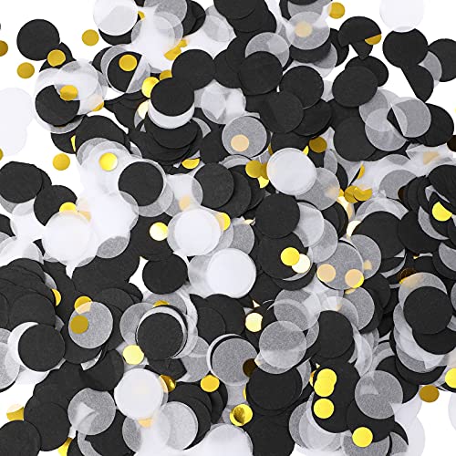 Image of TecUnite Black White Gold Confetti Round Tissue Paper Table Confetti Dots for Wedding Birthday Party Decoration Arts Craft DIY Scrapbooking, 1.76 oz (2.5 cm)