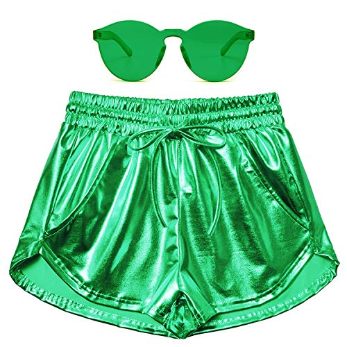 Women Spandex Short Green Metallic Shiny Rave Clothing St Patricks Day Glass Set