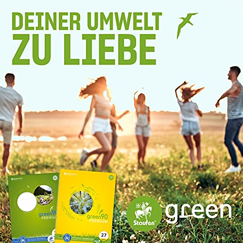 Staufen Green zeszyt – DIN A4, liniatura 21 (9 mm w linie), 16 arkuszy, biały papier z recyklingu premium 90 g/m², okrągłe narożniki zapobiegają "uszom osły", 4 różne motywy (brak możliwości wyboru),