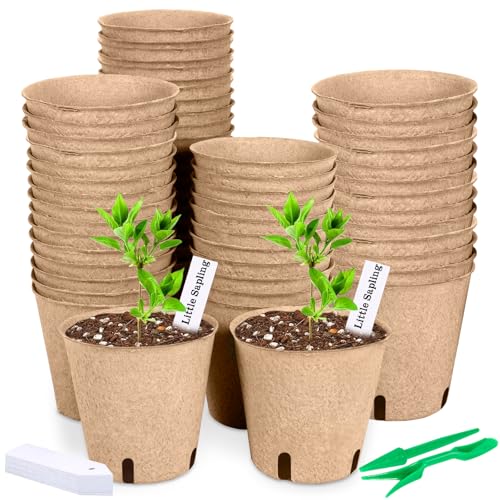 NXPZ Godets pour Semis 8cm, 50 Pièces Kit de Pots de Semis en Fibre Biodégradable, Godet de Rempotage avec 50 Étiquettes pour Plantes et 2 Outils, pour...