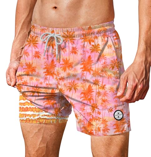 Image of Men's 5'' Swim Trunks with Compression Liner Graphic Beach Dry Fit Lightweight Bathing Shorts (S-XXL)