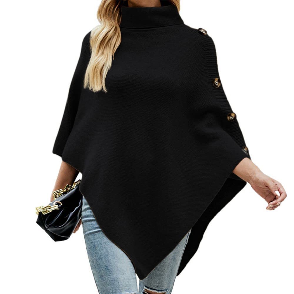 JFAN Poncho Femme Pull en Tricot à col Montant Quatre Boutons | Ponchos et Capes Hiver Élégant, Châle Femme Chaud, Châle Hiver Automne