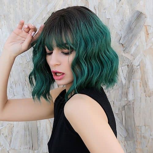 Themis Hair Short Wigs With Bangs Colored Green Wavy Bob Wig Synthetic Curly Cosplay Wigs For Women(12Inch, Green) #TOP1