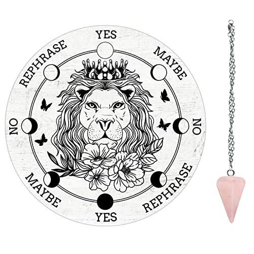 AHANDMAKER paneles de péndulo de flor de león, Madera radiestesia tablero de adivinación blanco tablero de mensajes metafísicos con collar de péndulo de cristal para la brujería decoración de altar