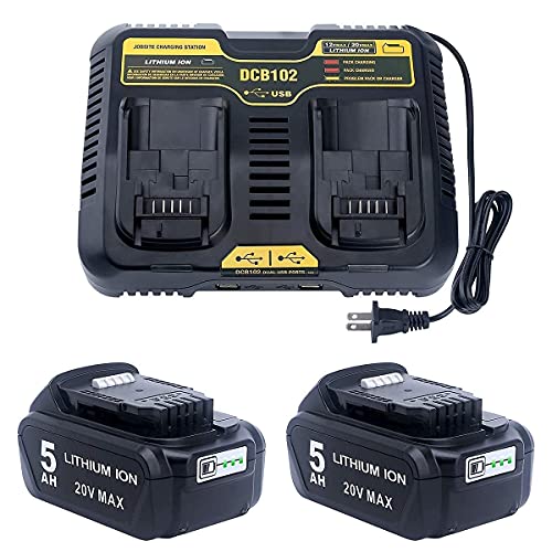 Lasica 2 Pack 20V 5.0Ah Lithium Ion Battery DCB205-2 Replacement Dewalt 20V Battery and DCB102BP 20V Dual Port Charger for Dewalt 20V MAX Tools Battery