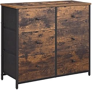SONGMICS Chest of Drawers, 6 Fabric Drawers with Metal Frame, Storage Organiser Unit with Wooden Front and Top, Industrial Dresser, for Nursery, Bedroom, Hallway, Rustic Brown and Black LGS23H