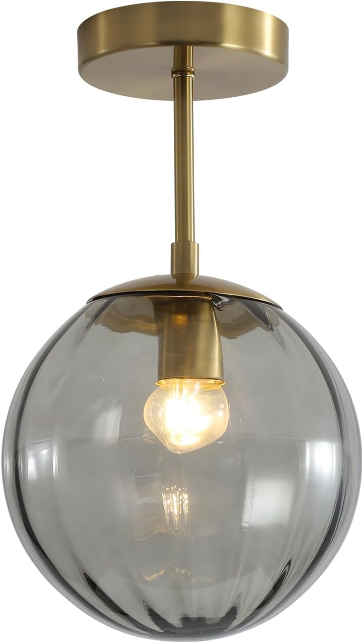 KCO Lighting Gold Globe Flush Mount Ceiling Light Vintage Smoke Glass Ceiling Lighting Small Hallway Ceiling Light Fixtures Mid Century Bathroom Ceiling Lights
