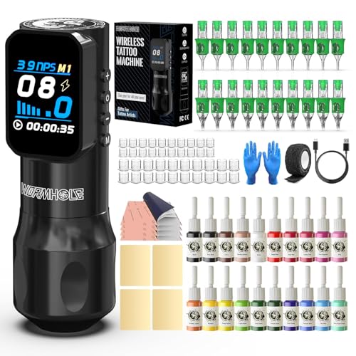 Wormhole tattoo kit Wireless Tattoo Gun Kit, 1500mAh Power Supply Rotary Tattoo Machine, 8V8000RPM Motor, 20pcs Cartridge Needles, Aluminum Alloy Pro Tattoo Pen For Artist - WTK401 option
