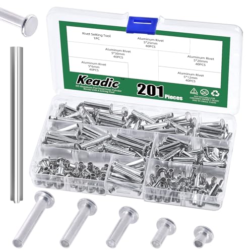 Keadic 201Pcs M5 Aluminium Flachkopf Halbrohr Nieten Sortiment Set, M5 x 6/12/20/25/30mm Silber Ton Metall Bolzen Befestigungen für Leder Haushalt Automobilindustrie