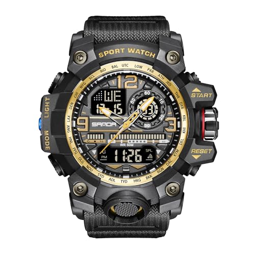 KXAITO Mens Watches Sports Outdoor Waterproof Military Watch Date Multi Function Tactics LED Face Alarm Stopwatch for Men (3133_Black Gold)