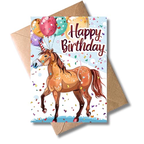 WBdesignz Pferd Geburtstag Karte mit Umschlag - Pferde Geburtstagskarte Reiterin “Happy Birthday” Glückwunschkarte Kinder Geschenkkarte zum Geburtstag (DIN A6)
