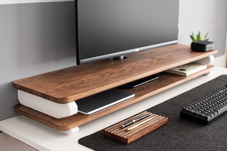 carpentray Wooden Computer Long Monitor Stand, Monitor Riser Desk Shelf ...