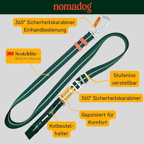 Nomadog Trailblazer Freihandleine Hund 2,4m - Doppelseitig und Stufenlos Verstellbar - Multifunktionale 6-in-1 Hundeleine mit Sicherheitskarabiner aus Aluminium - Perfekt für Jogging und Wandern