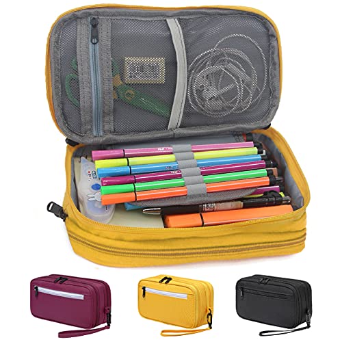 Trousse,ChaseChic Grand Stylo Poche Titulaire avec Double Zippé Compartiment et Bracelet pour École Bureau Jaune Cover