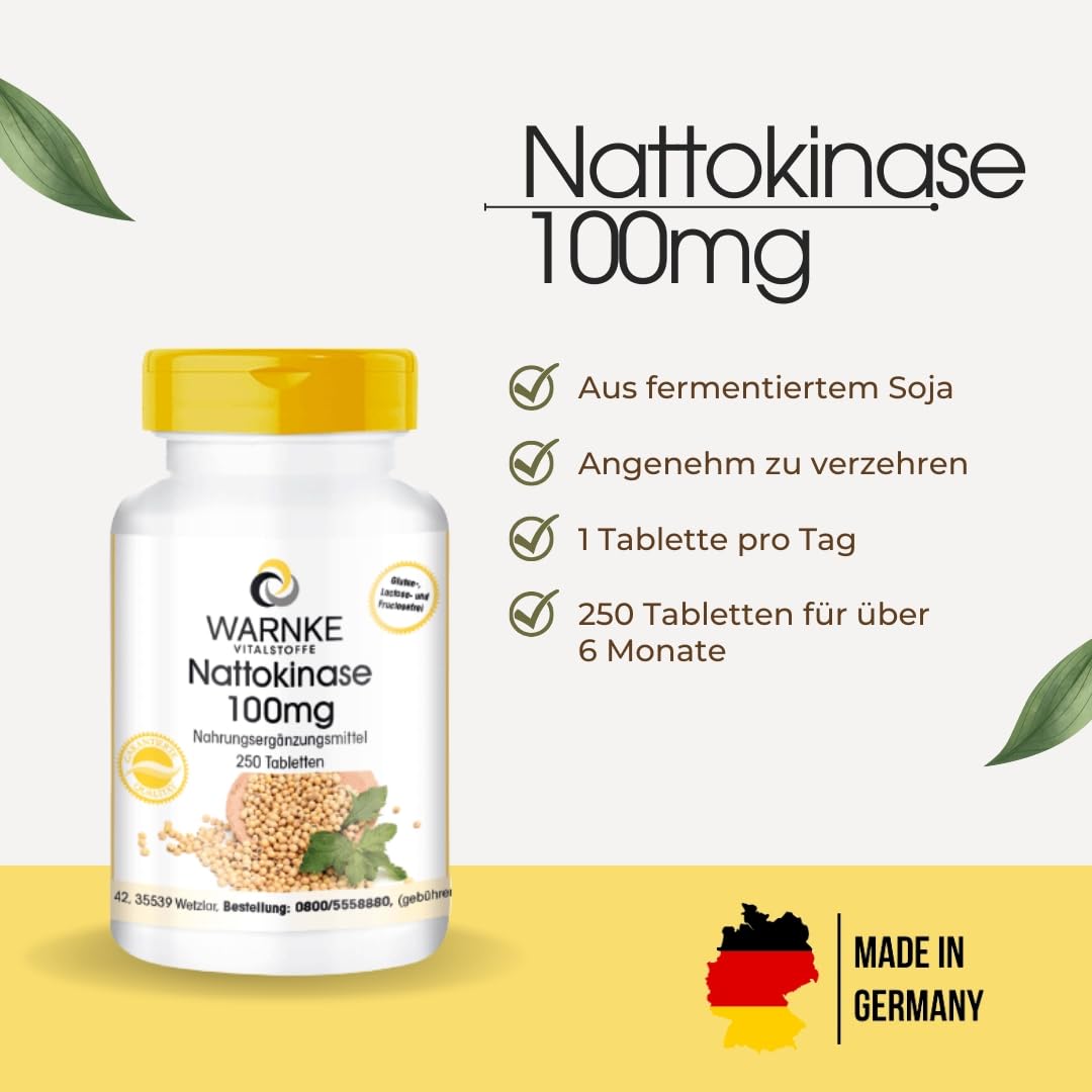 Nattokinase 100mg - 250 Tabletten - schluckfreundlich - 2000 FU - hochdosiert - vegan | Warnke Vitalstoffe - Deutsche Apothekenqualität