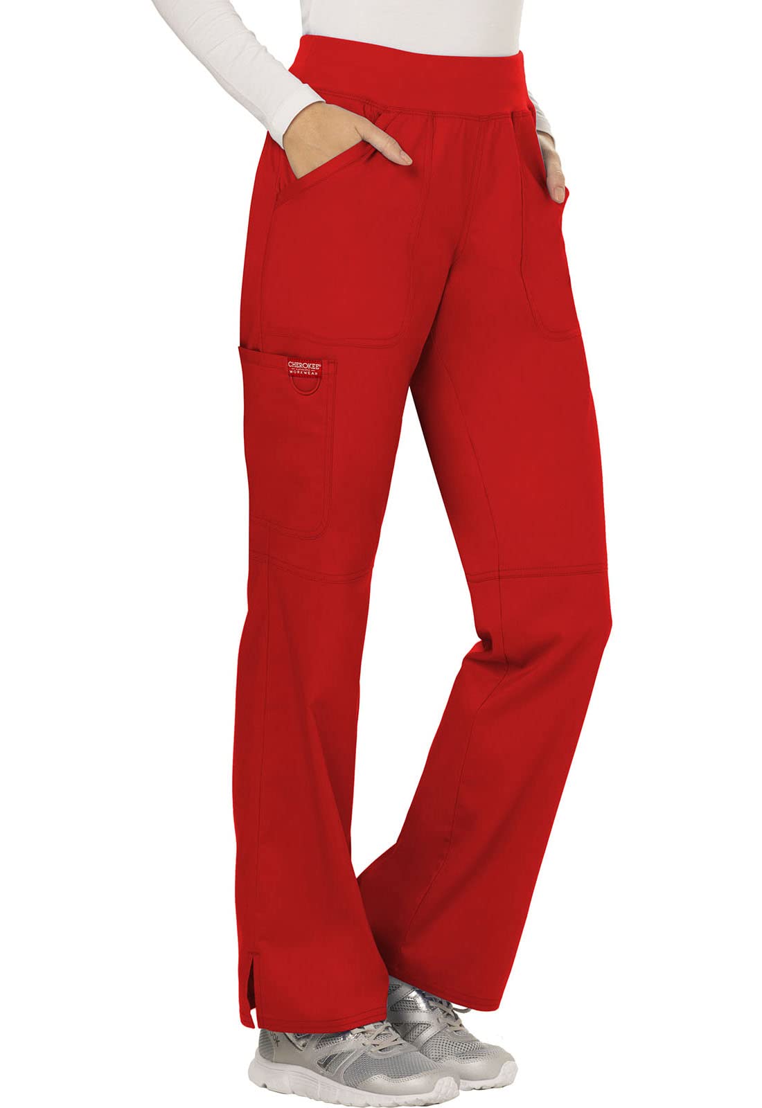 Cherokee Conjunto de uniforme médico para mujer, ajuste clásico moderno WW610 con pantalón de pierna recta y tiro medio, WW110, rojo - L Top/XL Petite Pant