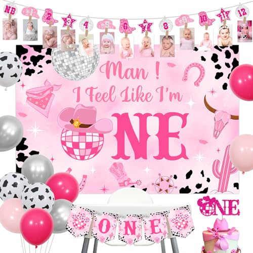 Image of Sursurprise Disco Cowgirl 1st Birthday Decorations, Man I Feel Like I’m One Backdrop Cowgirl Photo Banner Balloons for First Rodeo Western Birthday Party Supplies